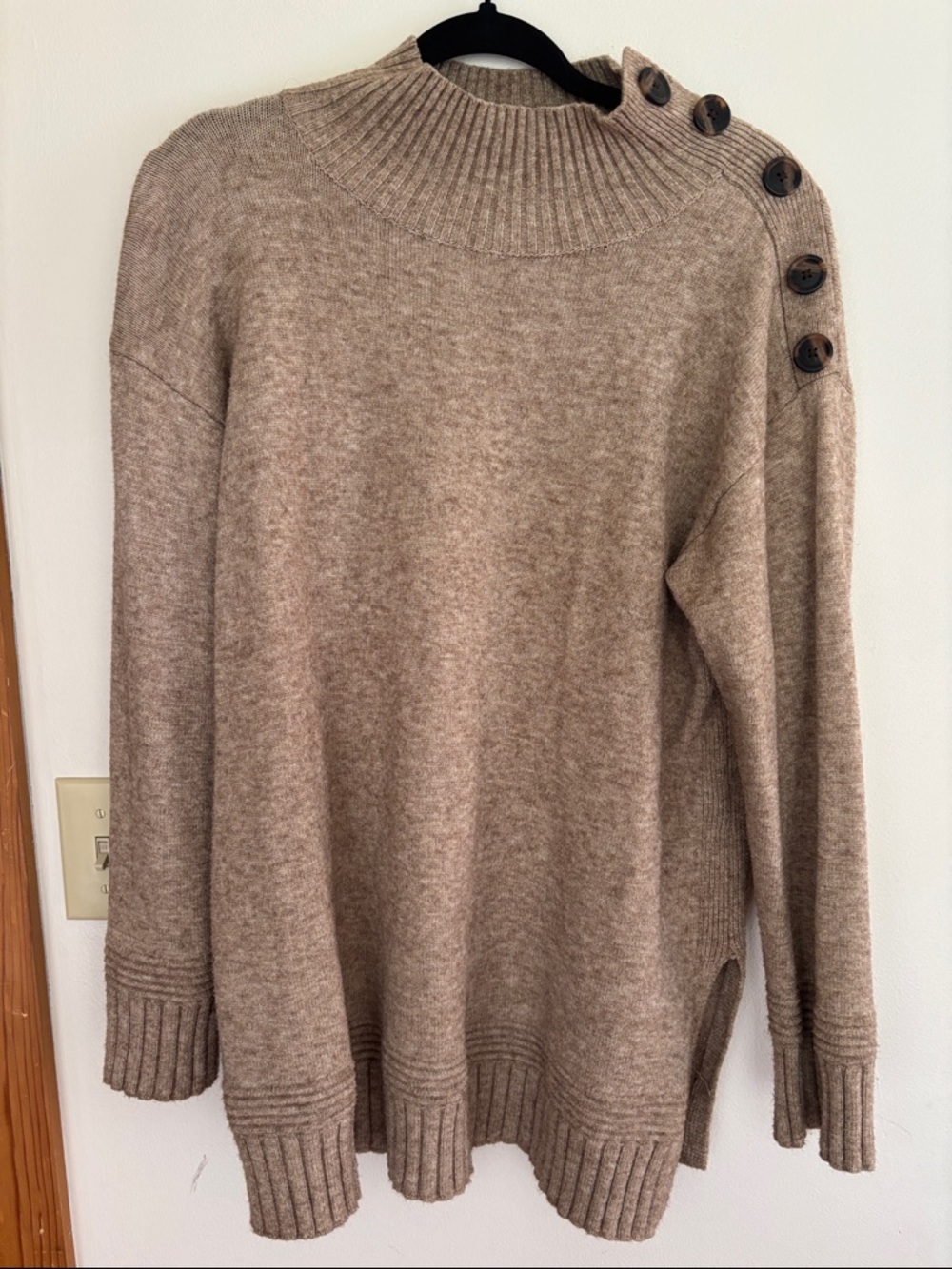 Anthropologie Cozy Button-Shoulder Knit Sweater in Taupe size Medium
